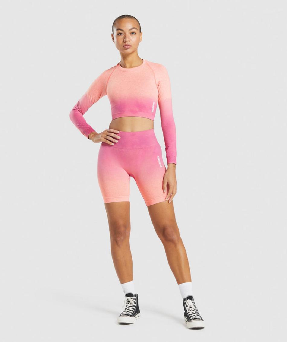 Przycięte Topy Damskie Gymshark Adapt Ombre Seamless Long Sleeve Pomarańczowe Różowe | PL 2713SGL